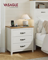 VASAGLE LIRY Collection - Farmhouse Nightstand with Charging Station, Bedside Table, Side End Table with 3 Drawers, for Bedroom, Rustic White and Honey Brown ULET679W01 VASAGLE