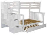 Bedz King Stairway Bunk Beds Twin over Full with 4 Drawers in the Steps and a Twin Trundle, White Bedz King