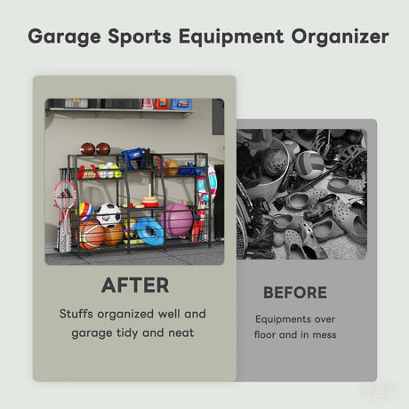 LUMAMU Small Garage Sports Equipment Organizer,Ball Storage Rack with Elastic Rope,Garage Organizer System, Indoor/Outdoor Shelf Rack for Sports Gear and Toys Storage LUMAMU