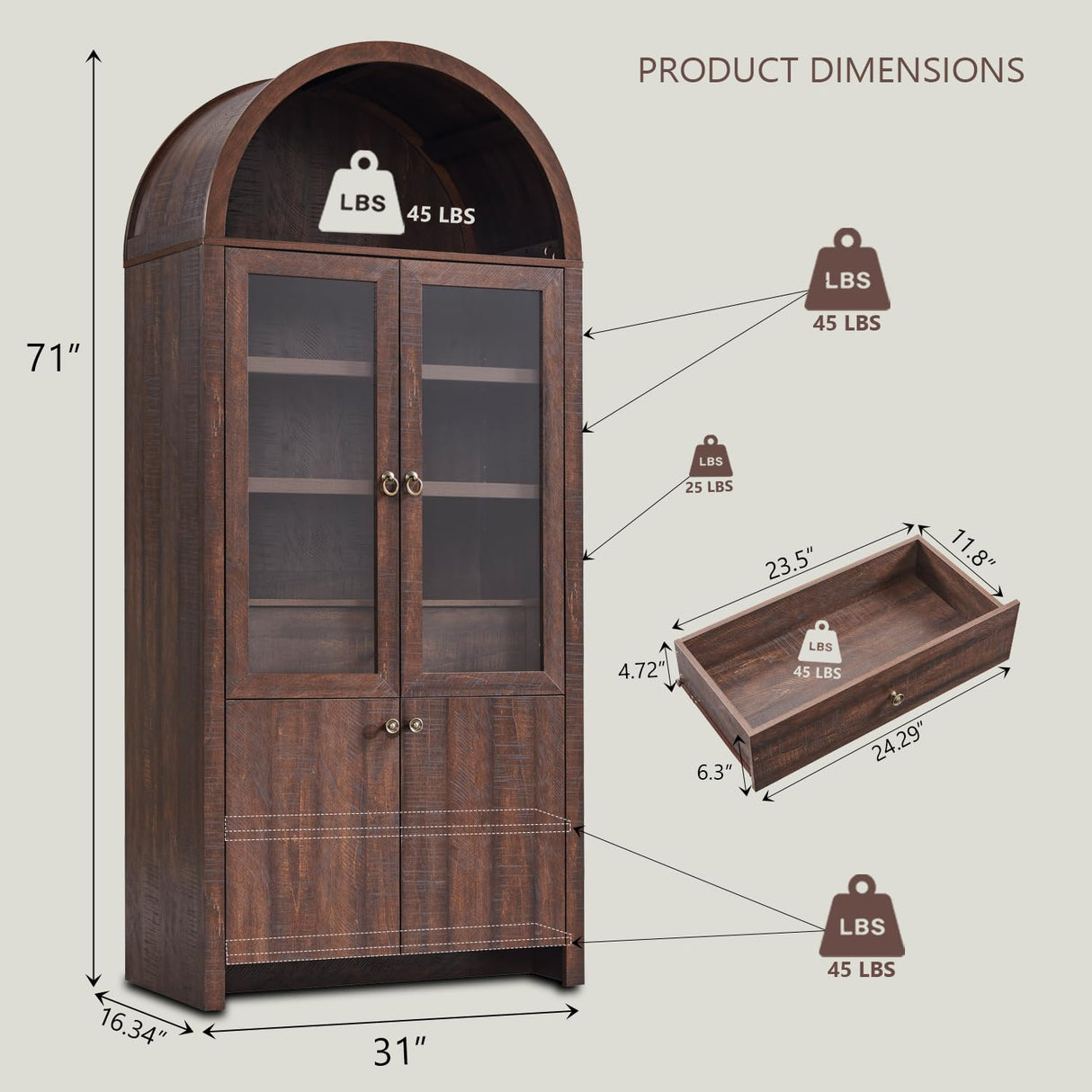 IFGET 71" Tall Arched Kitchen Pantry Cabinet, Modern Farmhouse Kitchen Storage Cabinets with Open & Adjustable Shelves, Hidden Drawer & Glass Door, Versatile Cupboard for Kitchen, Dining Room, Brown IFGET