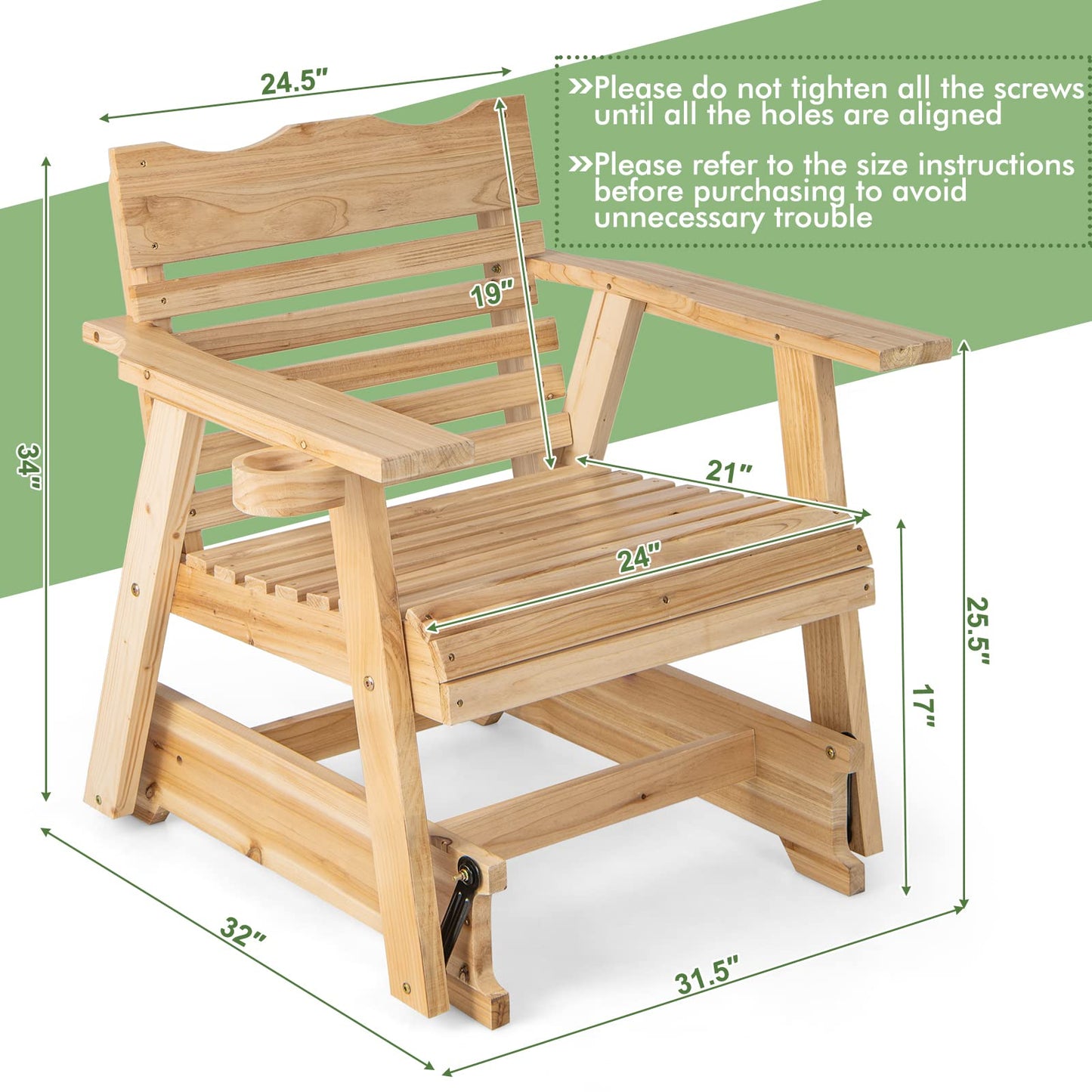 Tangkula Outdoor Fir Wood Glider Chair, Outdoor Swing Chair with Rotatable Hidden Cup Holder and Curved Seat, Glider Swing for Porch, Patio, Backyard, Natural (1, Natural) - WoodArtSupply