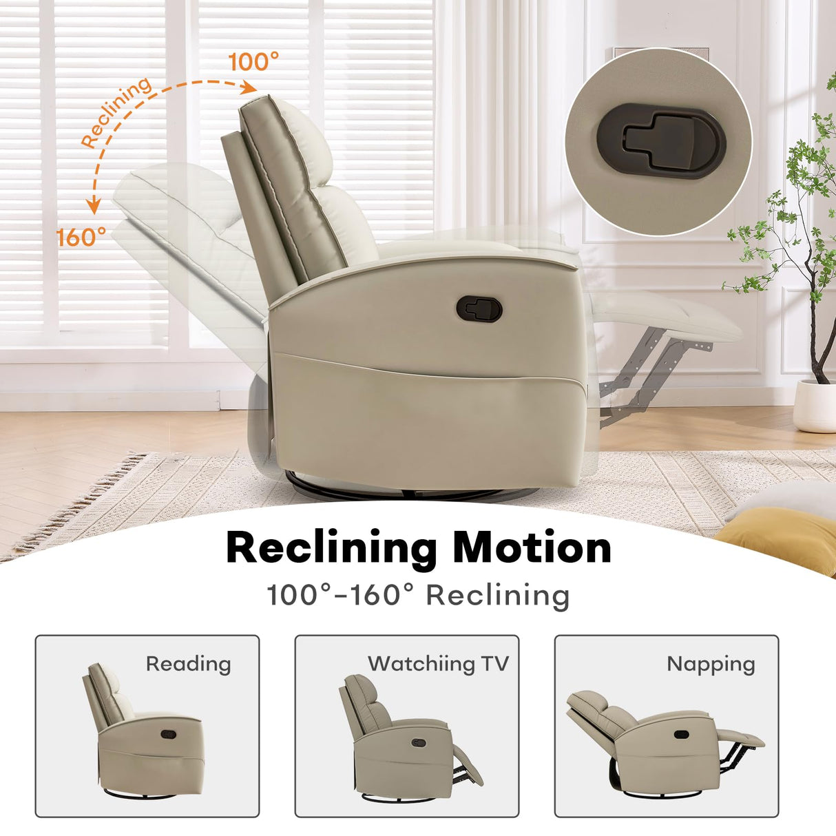 HAOMARKETS Swivel Rocker Recliner Chair, Manual Faux Leather Glider Rocking Recliners for Adults, 360° Swivel Nursery Reclining Sofa with Storage Pocket HAOMARKETS