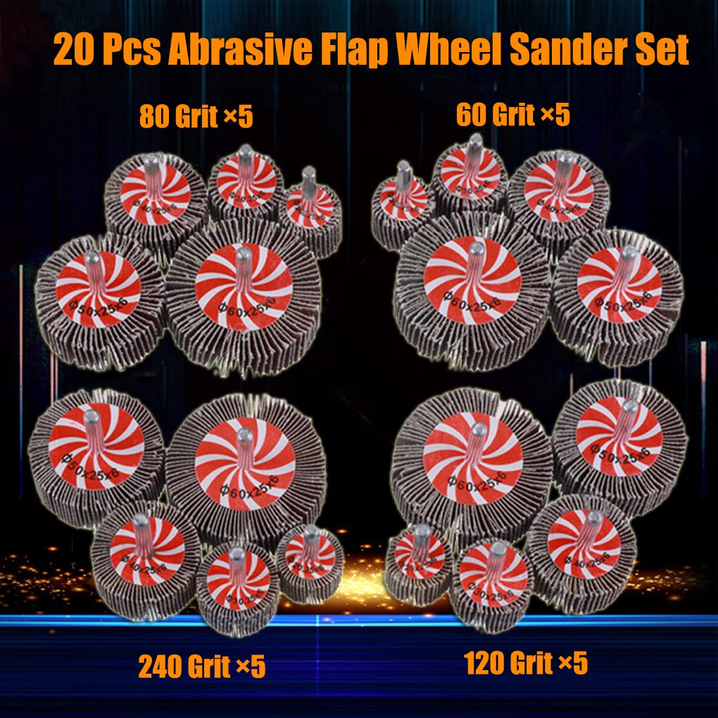 Mixiflor 20 Pcs 5 Sizes 60/80/120/240 Grits Abrasive Flap Wheel Sander, 1/4 Inch Shank Flap Wheels for Drill, Die Grinder Flap Wheel,Flap Wheel Sander for Drill Mixiflor
