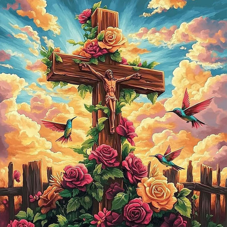 Paint by Numbers Kit for Adults Beginner Religious Cross, Flower Adult Paint by Number Kits on Canvas, Jesus DIY Acrylic Oil Painting by Numbers for Adults, Perfect for Home Wall Decor 16X16 Inch Okarina