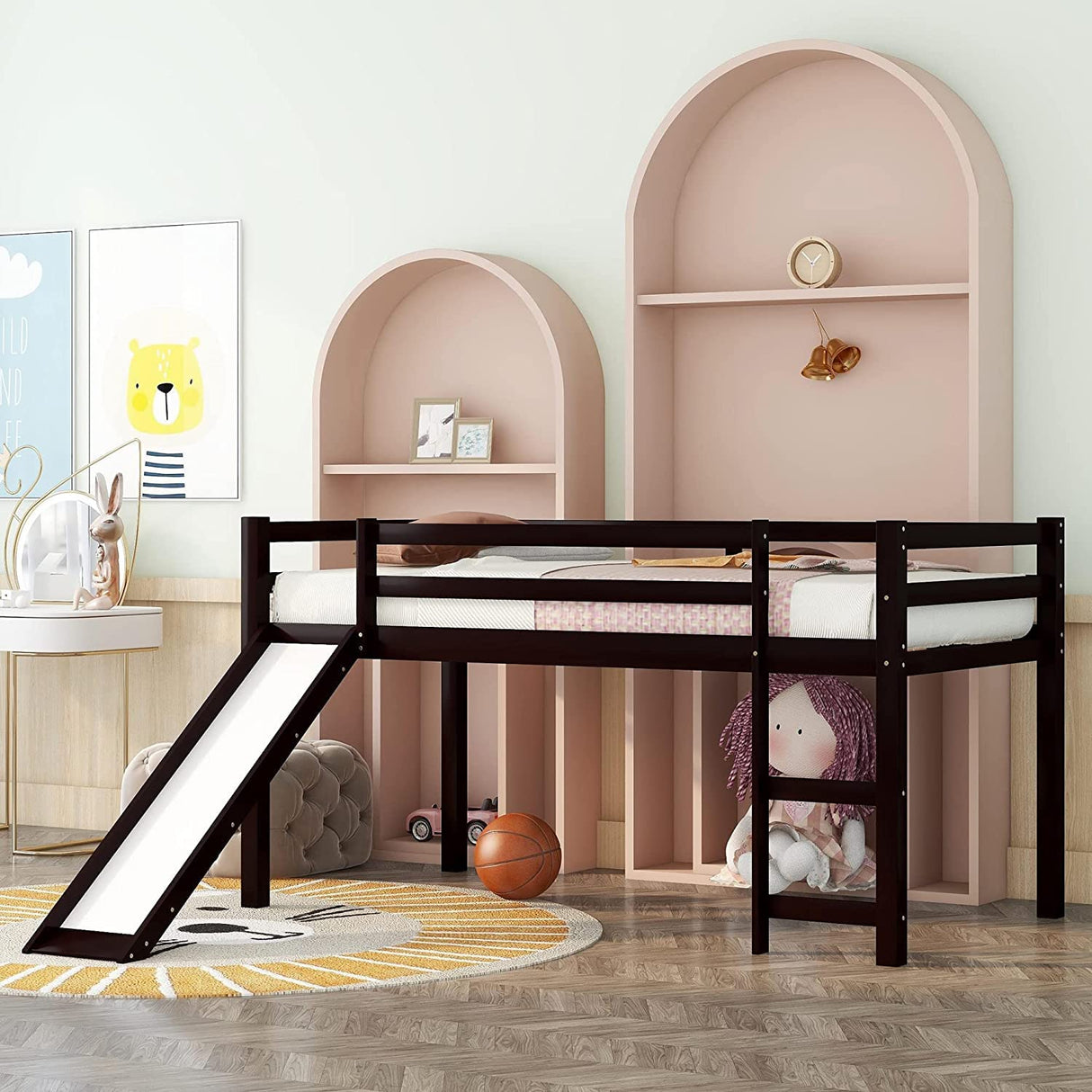 Harper & Bright Designs Twin Size Low Loft Bed with Slide Child Junior Loft Beds for Girls Boys Solid Pine Wood Toddler Bed with Ladder and Guard Rails,No Box Spring Needed,Espresso Harper & Bright Designs