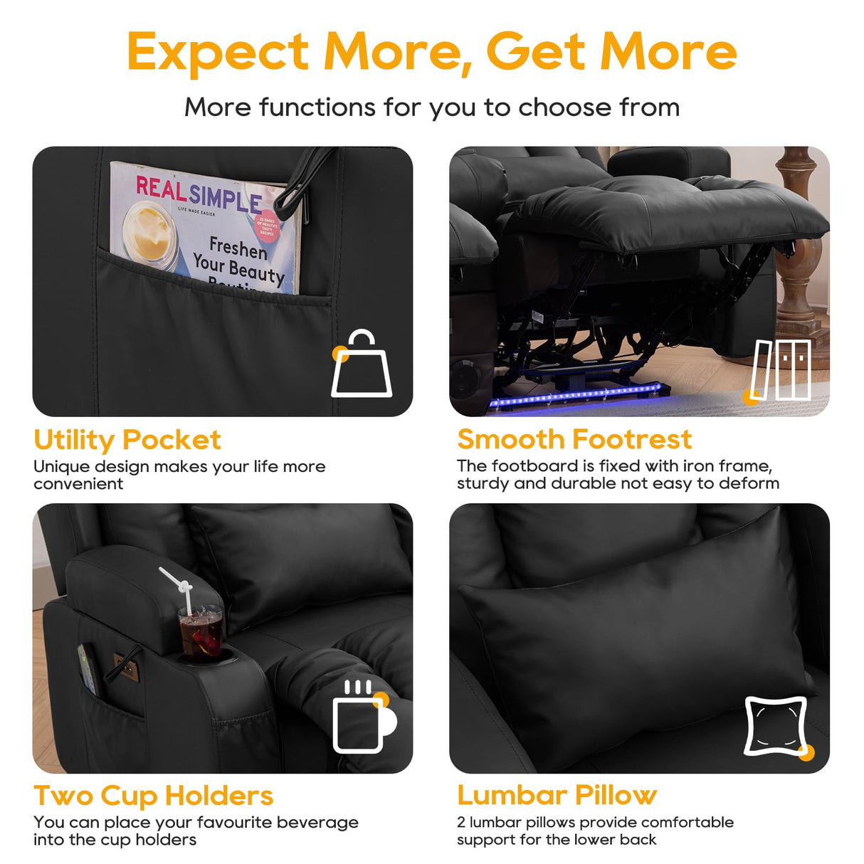 IPKIG 54" Power Loveseat Recliner Sofa, Electric Home Theater Seating with Massage Heat/4 Colors Ambient Lights/USB Port/Side Pocket/Cup Holder for Living Room, Bedroom, Home (Black, 2 Seater) IPKIG