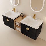 SSLine 60-Inch Double Sink Vanity Modern Wall Mounted Bathroom Vanity with Double Ceramic Sink 60" Large Floating Bathroom Vanities Set with Middle Storage Shelf & 2 Cabinet (Black Gold) SSLine