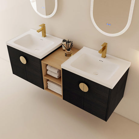 SSLine 60-Inch Double Sink Vanity Modern Wall Mounted Bathroom Vanity with Double Ceramic Sink 60" Large Floating Bathroom Vanities Set with Middle Storage Shelf & 2 Cabinet (Black Gold) SSLine