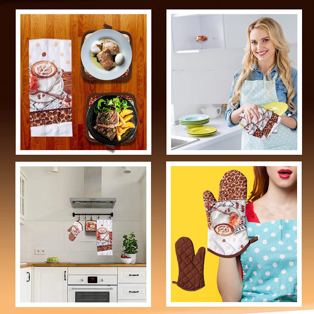 Lobyn Value Packs: 5-Piece Café Latte Kitchen Towel Set – Quilted Oven Mitt & 2 Potholders, Perfect for Coffee Lovers Lobyn Value Packs