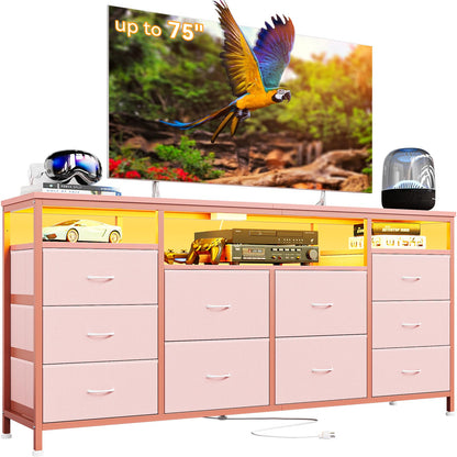 63.3 Inch Dresser for Bedroom, 10 Drawer Dresser TV Stand for 65 70 75 Inch TV, Fabric Chest of Drawers with LED Lights & Power Outlets, Long Entertainment Center for Closet, Living Room, Entryway