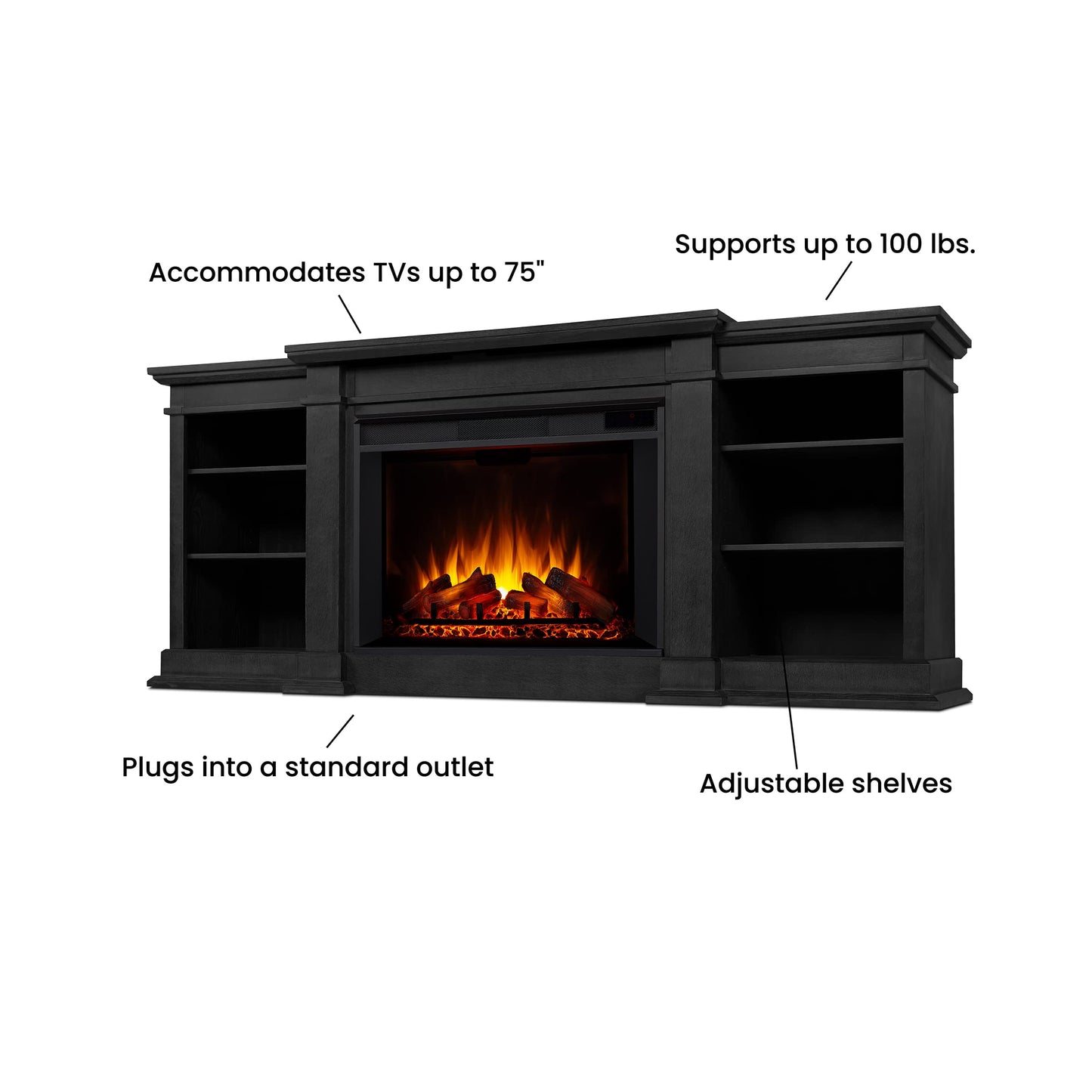 Real Flame Eliot 81" Grand Electric Fireplace TV Stand for TVs up to 80 inches, Entertainment Center with Adjustable Shelves and Storage, TV Stand for Living Room and Bedroom, Remote Control, Timer