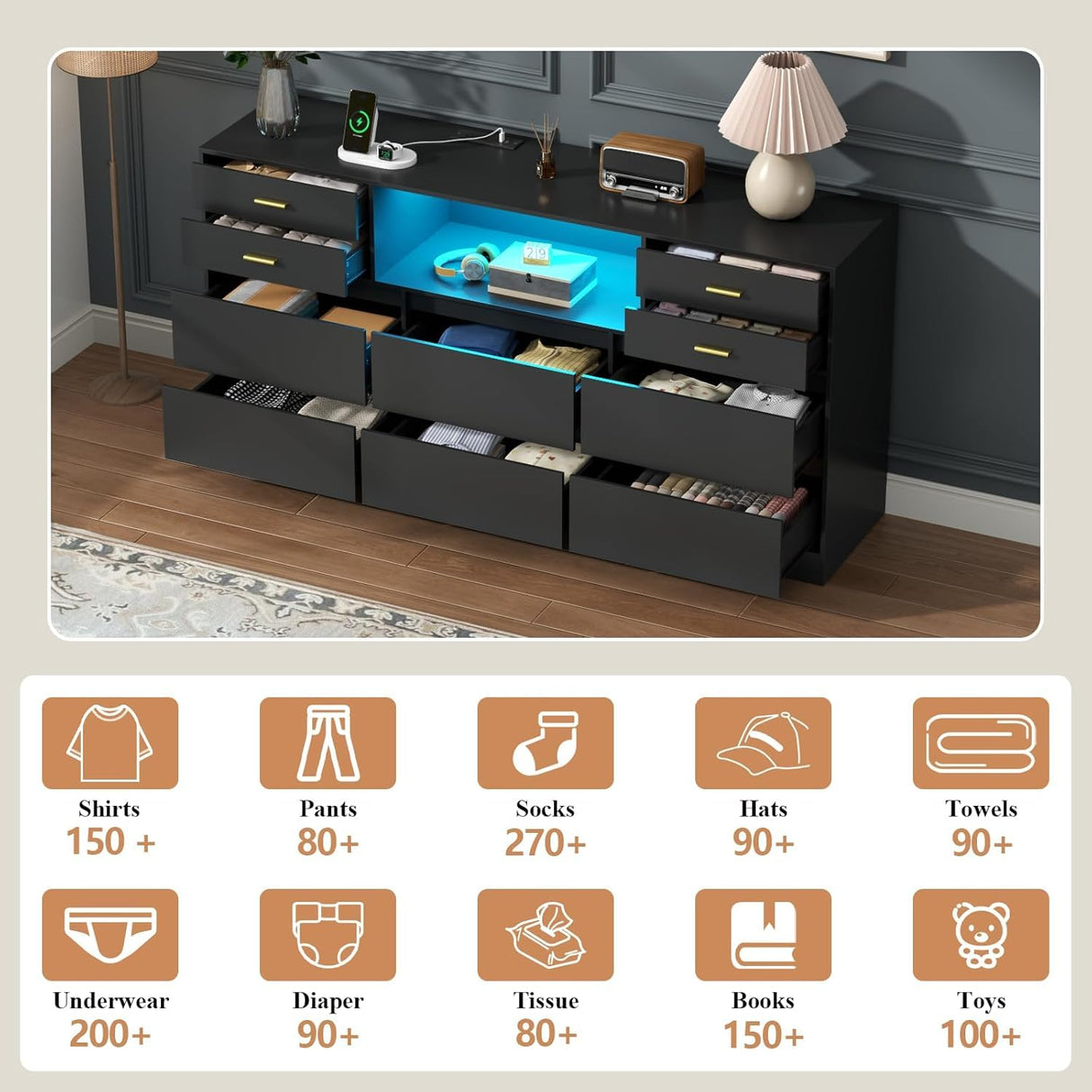 Loomie 10 Drawer Black Dresser with Charging Station & Led Lights for Bedroom, Long 58" Triple Wide Dresser TV Stand for TVs up to 65", Wide Chest of Drawer, Large Dressers Organizer with Open Cubby Loomie