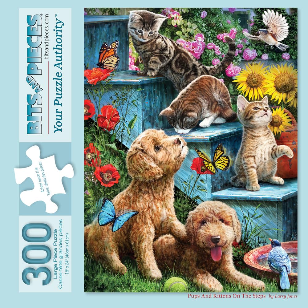 Bits and Pieces - 300 Piece Jigsaw Puzzle for Adults - 18" x 24" - Pups and Kittens On The Steps - 300 pc Large Piece Cute Animals Jigsaw by Larry Jones Bits and Pieces
