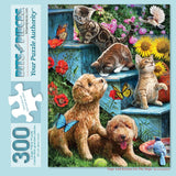 Bits and Pieces - 300 Piece Jigsaw Puzzle for Adults - 18" x 24" - Pups and Kittens On The Steps - 300 pc Large Piece Cute Animals Jigsaw by Larry Jones Bits and Pieces