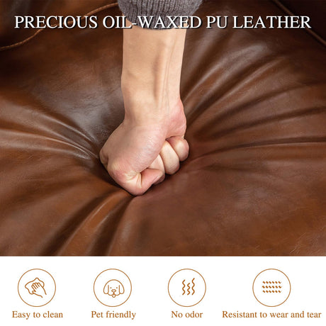 HAOMARKETS 360 Degree Swivel Barrel Chair with Plump Back Pillow, Waterproof Oil Waxed PU Leather Swivel Armchair with Rivets, Comfy Vintage Round Accent Chair for Living Room HAOMARKETS