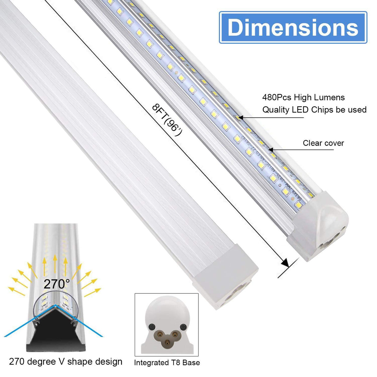 Henwsi 8FT LED Shop Light Fixture, White 10 Pack T8 Integrated Tube Lights, 72W 9500LM 6500K High Output Clear Cover, V Shape 270 Degree Lighting for Garage Warehouse, Upgraded Lights Plug and Play Henwsi