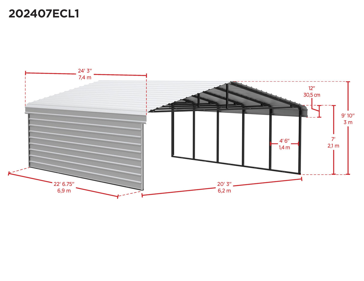 Arrow Carports Galvanized Steel Carport, with 1-Sided Enclosure, Compact Car Metal Carport Kit, 20' x 24' x 7', Charcoal Arrow