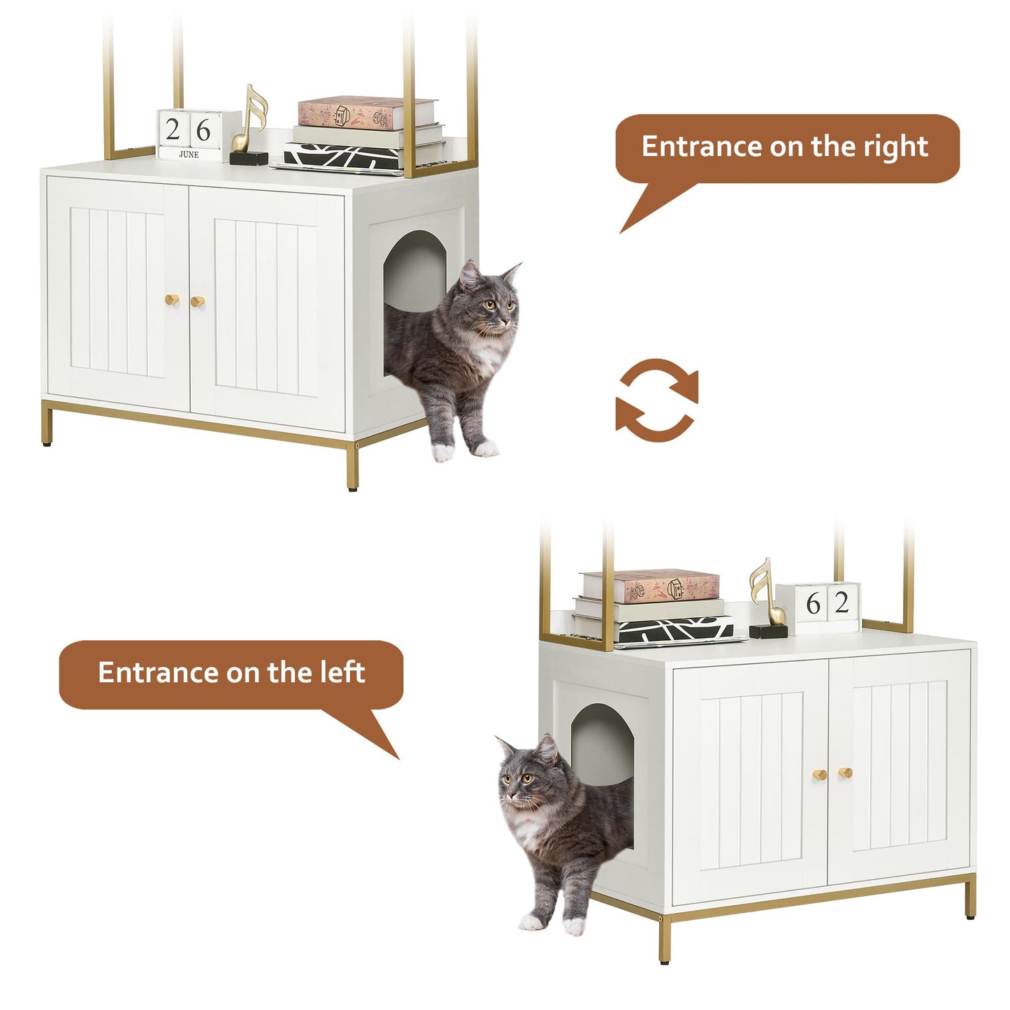 Homhedy Cat Litter Box Enclosure, Litter Box Furniture Hidden with 2-Tier Storage Shelves, Wooden Cat Washroom Furniture with Metal Frame, Cat House, Modern Style, White and Gold - WoodArtSupply