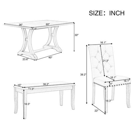 Farmhouse Dining Table Set for 6, Kitchen Table Set with Chairs and Bench, 6 Piece Solid Wood Dining Room Set with Trestle Table Legs for Kitchen, Dining Room (Antique Grey) Mirightone