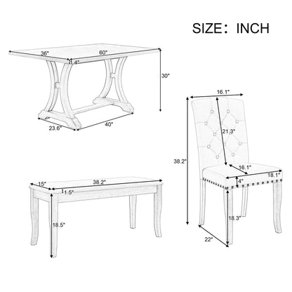 SIYSNKSI 6-Piece Farmhouse Dining Table Set, Rectangular Trestle Table with 4 Upholstered Chairs and 1 Bench, Wooden Kitchen Set Living Room, Dining Table Set for 6 - WoodArtSupply