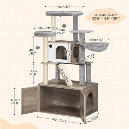 HOOBRO Cat Tree with Litter Box Enclosure, 59.1" Tall 2-in-1 Versatile Cat Tower with Hidden Litter Box Furniture, Cat Condo, Dangling Balls, Scratching Posts, Scratching Board, Greige BG50MZ03