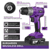 Brushless Cordless Drill Set, 20V Compact Power Drill Driver, Purple Brushless Electric Drill Motor, 20+3 Torque Setting, 48 N.m, 2 Variable Speed, 23pcs Drill/Driver Bits, with Tool Box BURGARDEN