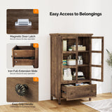 VINGLI Storage Cabinet with Glass Doors and Drawer, Glass Display Cabinet Display Case, Rustic Storage Cabinet with Doors and Shelves, Showcase Display Cabinet w/Cedar Finish & Solid Wood Leg,Walnut VINGLI