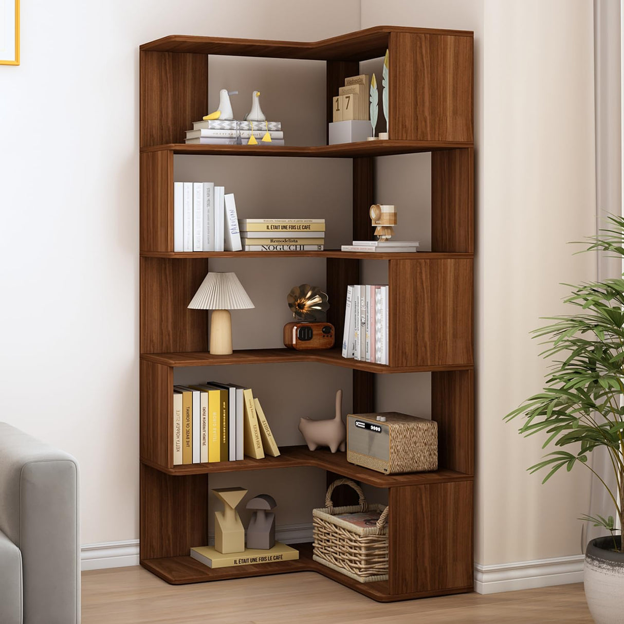 IOTXY 6-Tier L-Shaped Corner Bookshelf - 66" Tall Wooden Freestanding Bookcase with Open Shelf Units, Walnut IOTXY