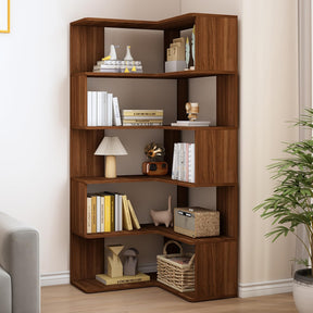 IOTXY 6-Tier L-Shaped Corner Bookshelf - 66" Tall Wooden Freestanding Bookcase with Open Shelf Units, Walnut IOTXY