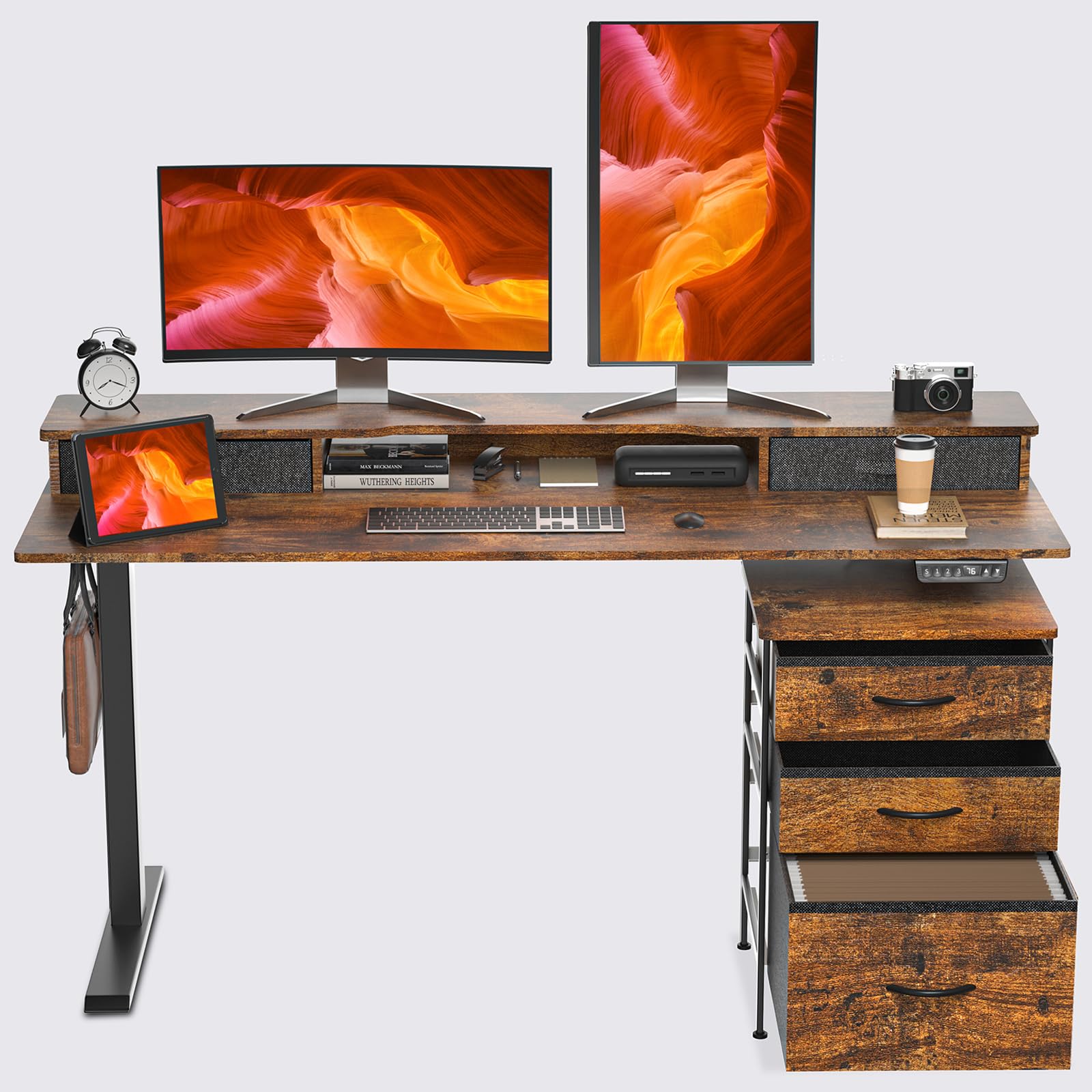 REGISDESK 63 Inch Electric Standing Desk with Cabinet & Drawers, Height Adjustable Sit Stand Desk with Monitor Shelf, Smart Home Office Standing Computer Desk, Rustic Brown - WoodArtSupply