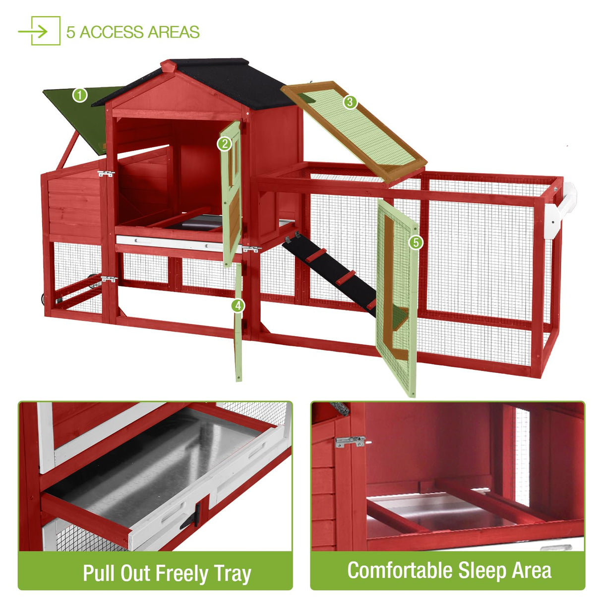 GUTINNEEN Chicken Coop Mobile Hen House On Wheels Easy to Move Wooden Poultry Cage with Nesting Box,Opening Wire Netting Roof,Red GUTINNEEN