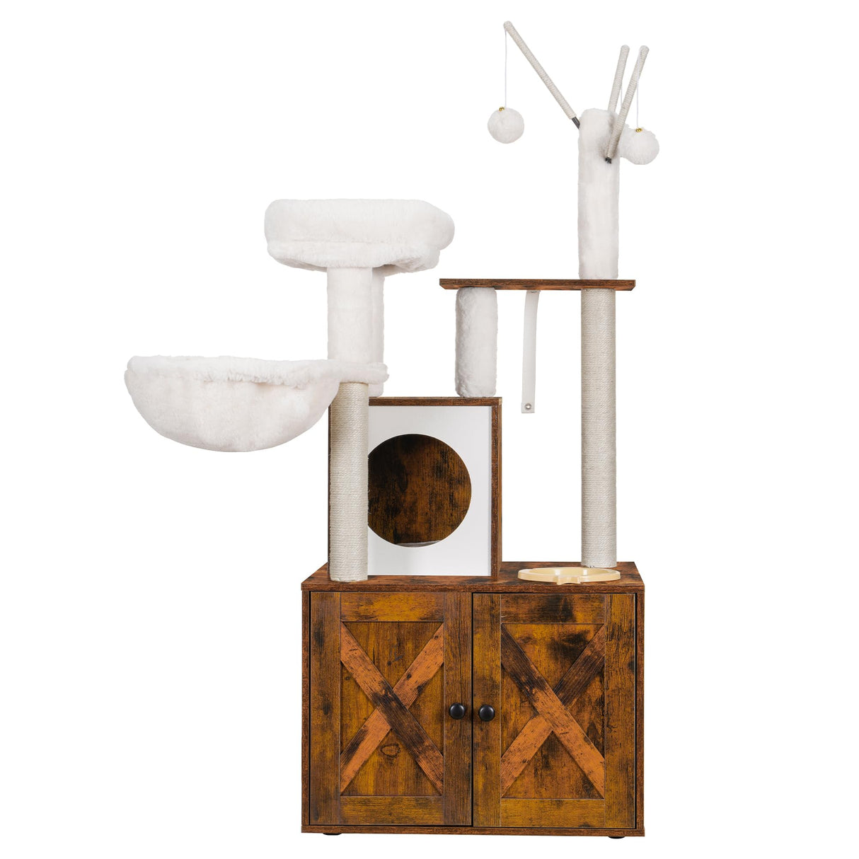 Heybly Cat tree, Wood Litter Box Enclosure with Food Station, All-in-one Indoor Cat Furniture with Large Platform and Condo, Modern Style Cat Tower, Hammock, Rustic Brown HCT102SR Heybly