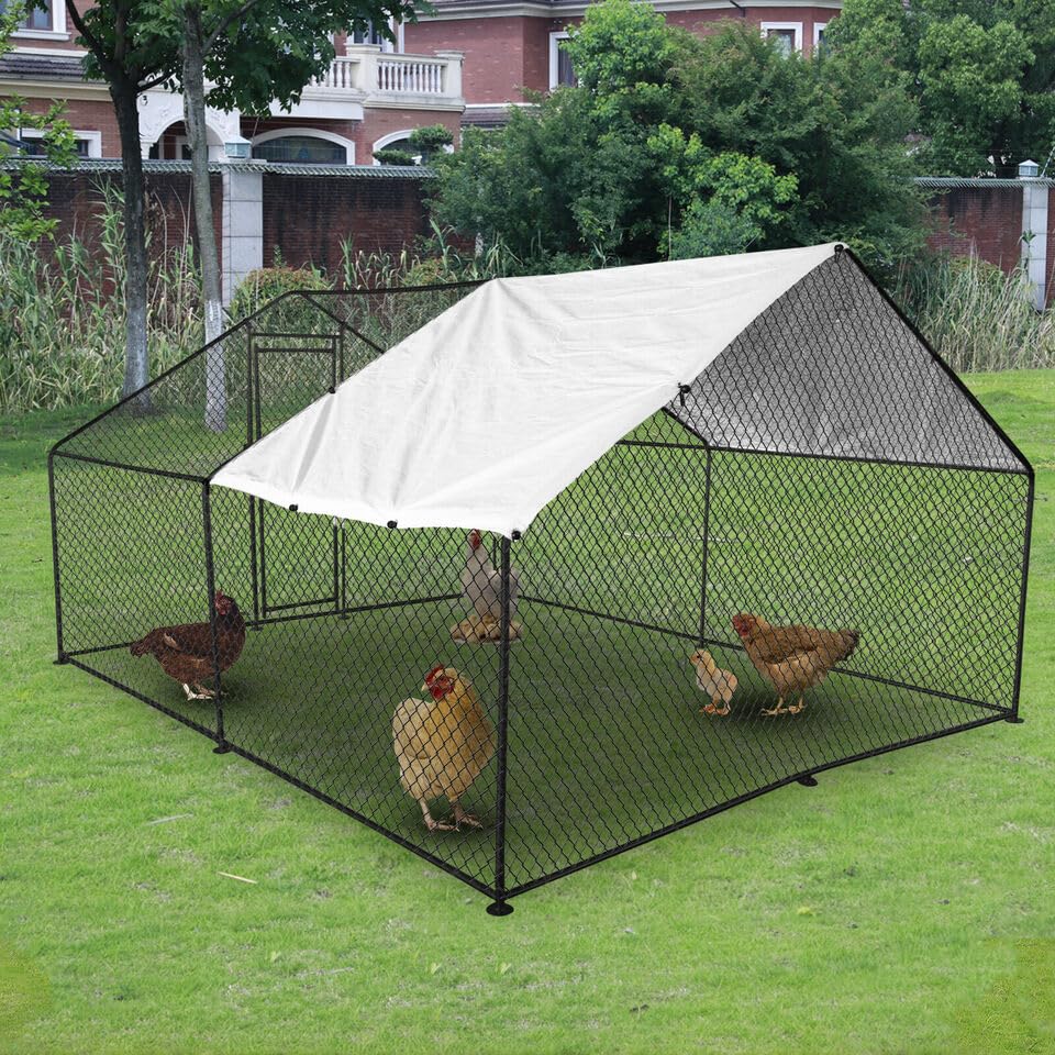 Large Metal Chicken Coop with Run, Walkin Poultry Cage for Outdoor and Yard Farm Use, Waterproof Cover, Duck Rabbit Cat House Chicken Run Pen (13.1'L x 9.8'W x 6.6'H) FNRKUF