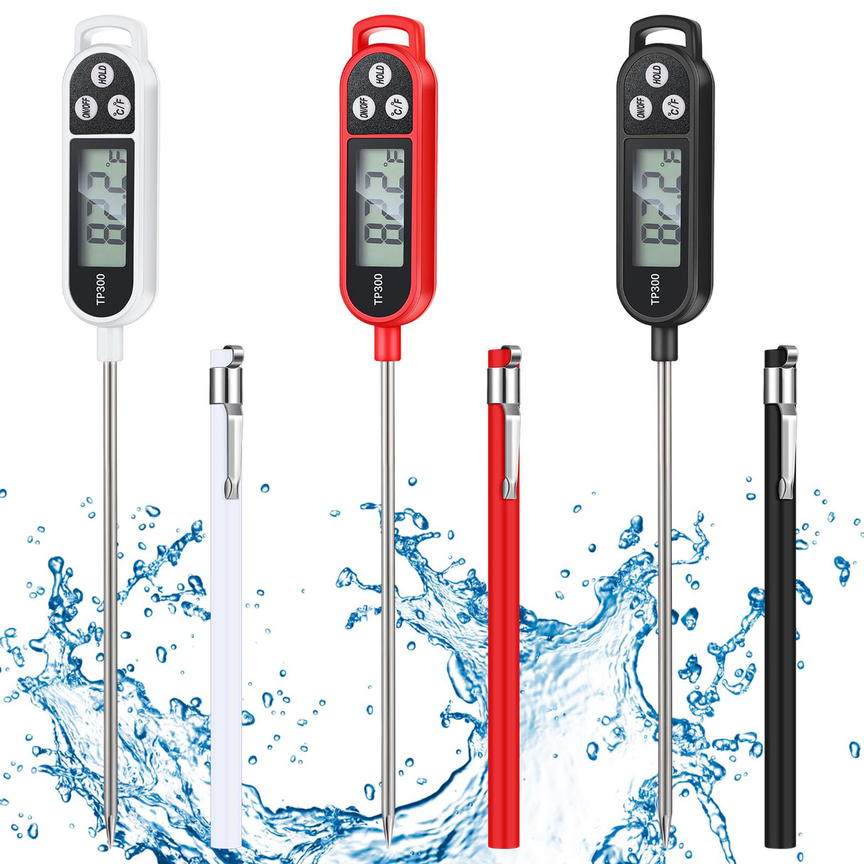 Copkim Waterproof Food Thermometer with Long Probe Digital Meat Thermometer for Water, Liquid, Candle and Cooking Instant Read for Kitchen BBQ Grill Candy(Black,White,Red) Copkim