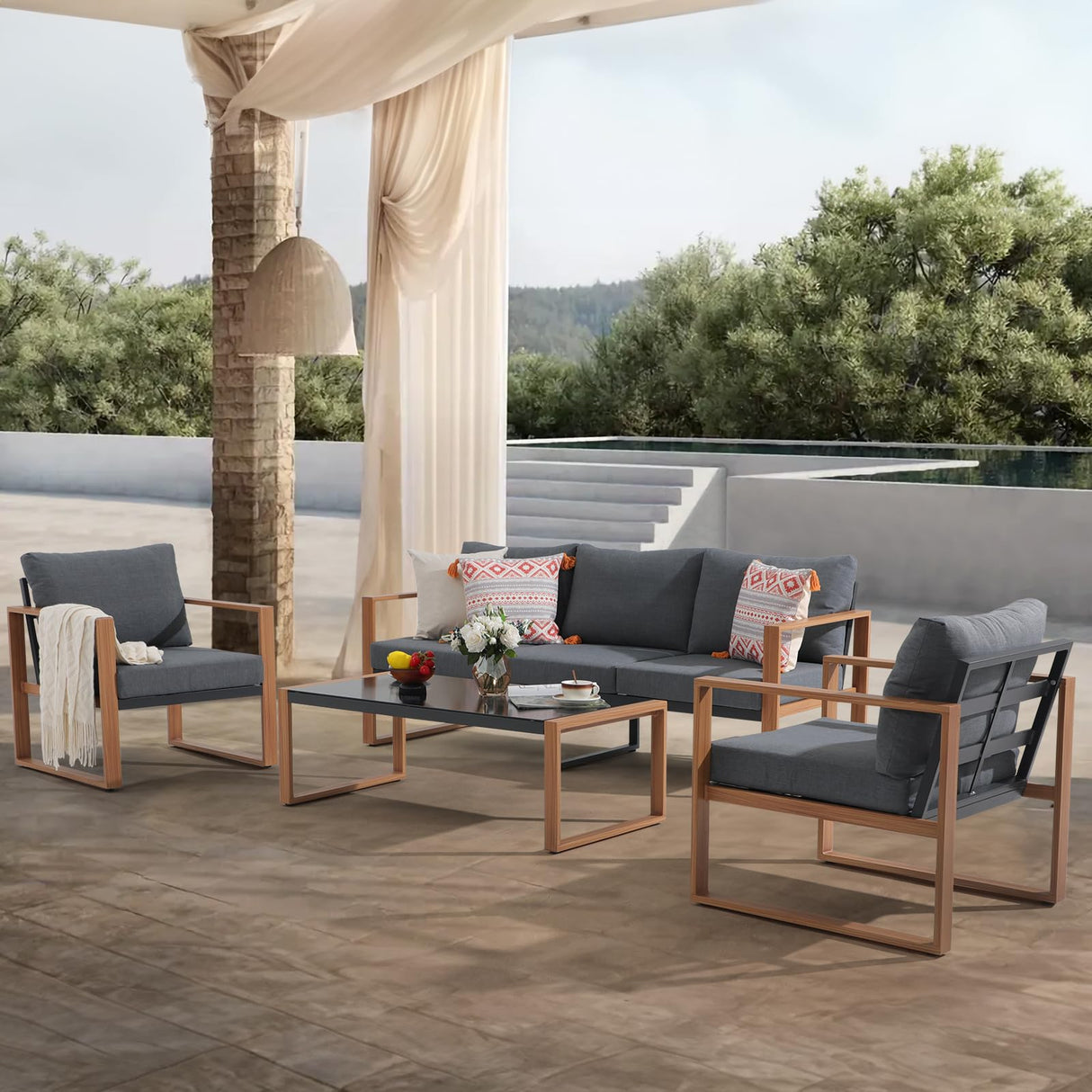 JOIVI Aluminum Patio Furniture Set, 4 Piece Outdoor Conversation Set Patio Conversation Sectional Chat Couch Sofa U-Shaped Modern Seating Set with Upgrade Cushion and Tempered Glass Coffee Table, Gray JOIVI