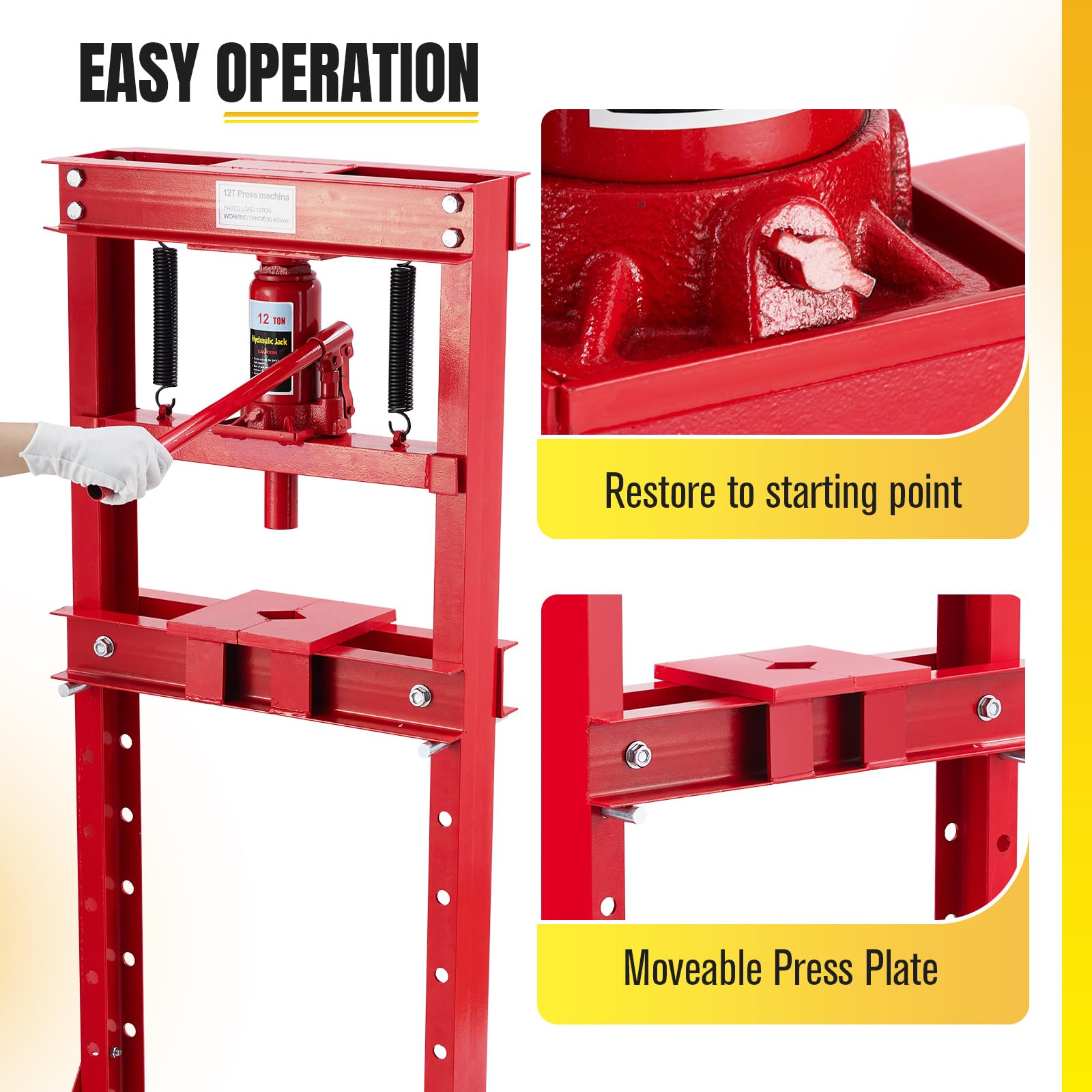 GarveeTech 12 Ton Hydraulic Press, H-Frame Garage Floor Hydraulic Shop Press, Garage Floor Press with 2 Press Plates, Adjustable Working Table Height, for Gears, Bearings, Red - WoodArtSupply