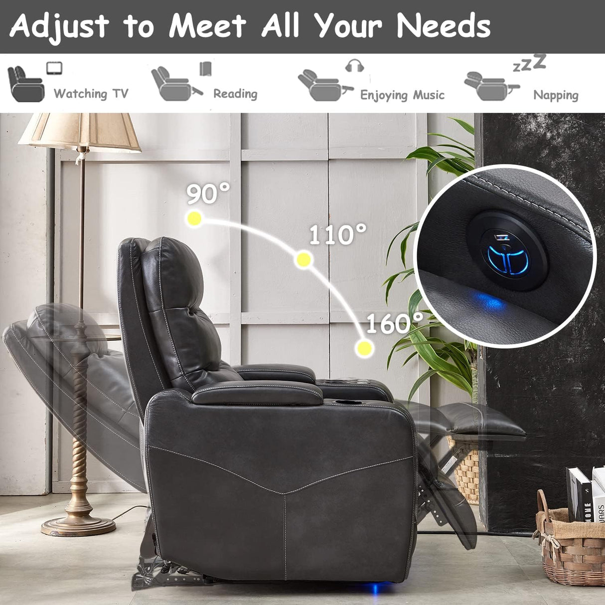 Electric Power Recliner Chair with LED Lights, Home Theater Seating with Swivel Tray Table, Faux Leather Recline Single Sofa Chair for Living Room with Hidden Arm Storage, Cup Holders, Grey, 1 Piece Comfort Stretch