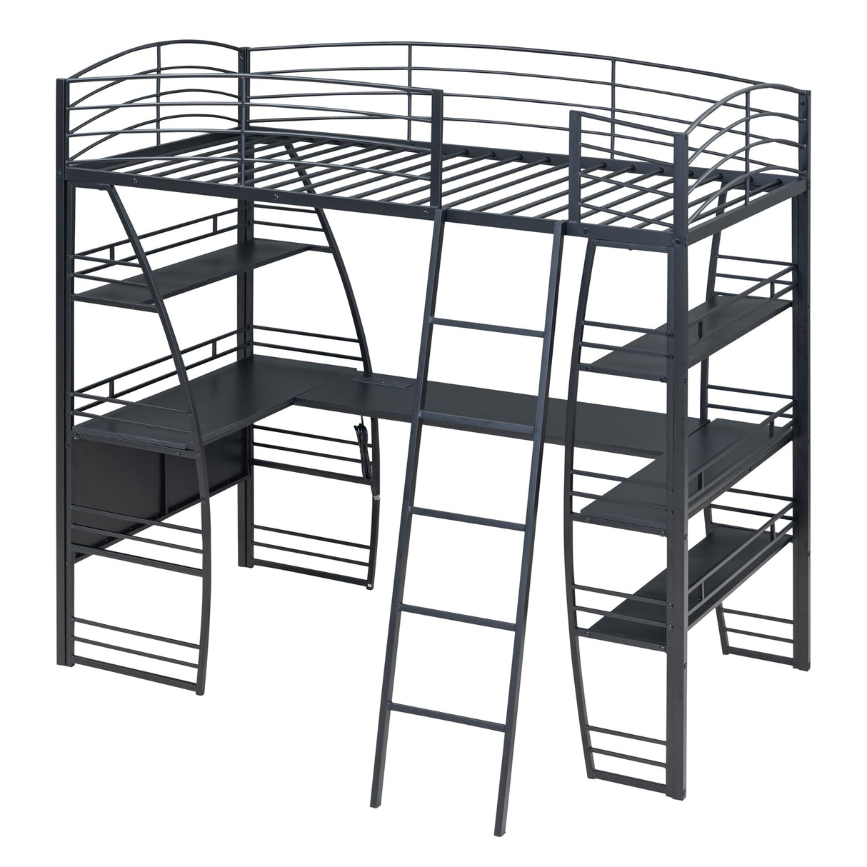 Bellemave Twin Size Loft Bed, Loft Bed with Desk and Bookcase with Metal Frame, Loft Bed with Desk and Storage, Black Bellemave