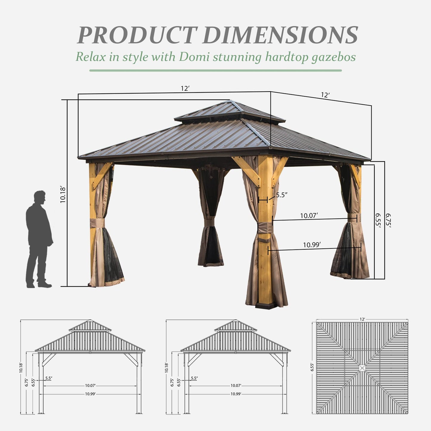 Domi 12x12 ft Wood Gazebo, Cedar Wood Frame Hardtop Gazebo with Galvanized Steel Double Roof, Outdoor Gazebo with Netting and Curtains, Patio Gazebo Pergola Pavilion for Patio, Backyard, Deck - WoodArtSupply