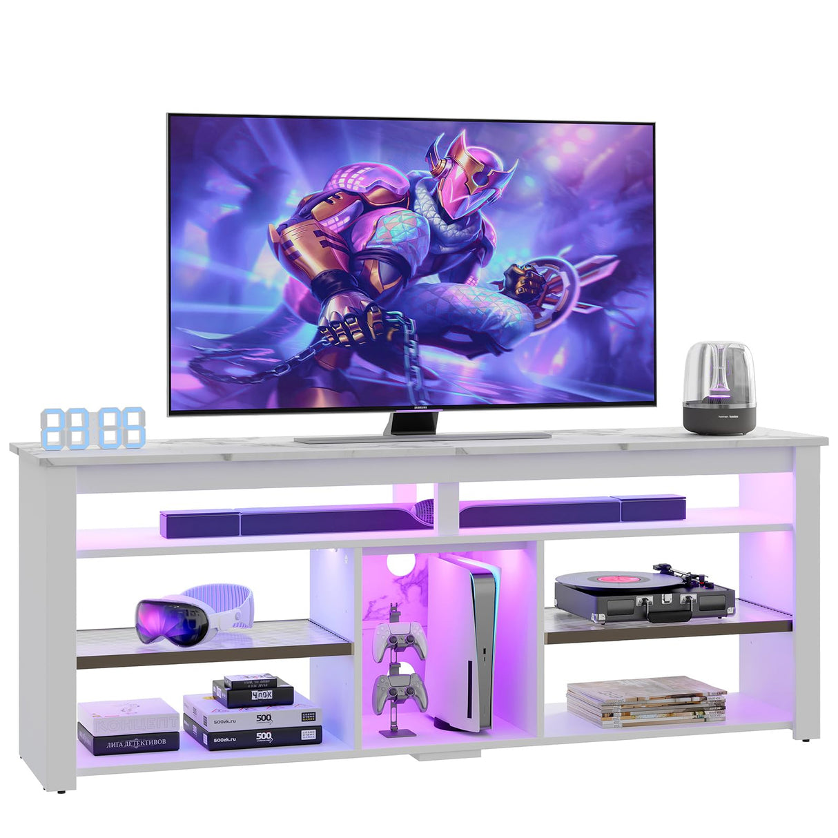 Bestier TV Stand for 65/70 inch TV, Tall Entertainment Center with 2 Led Lights, Gaming TV Console with Storage for PS5, Modern TV Cabinet for Bedroom, Living Room, White Marble Bestier