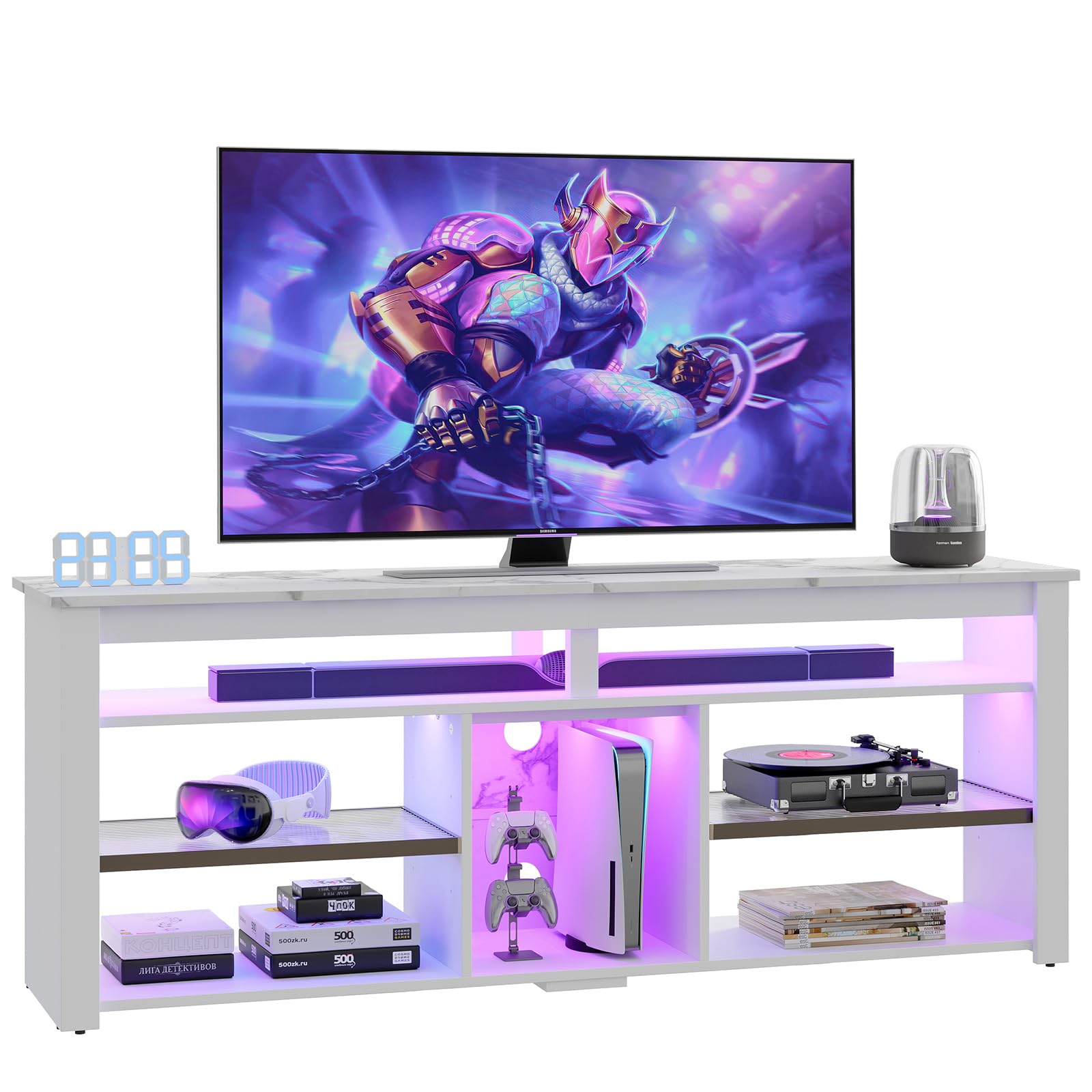 Bestier TV Stand for 65/70 inch TV, Tall Entertainment Center with 2 Led Lights, Gaming TV Console with Storage for PS5, Modern TV Cabinet for Bedroom, Living Room, White Marble - WoodArtSupply