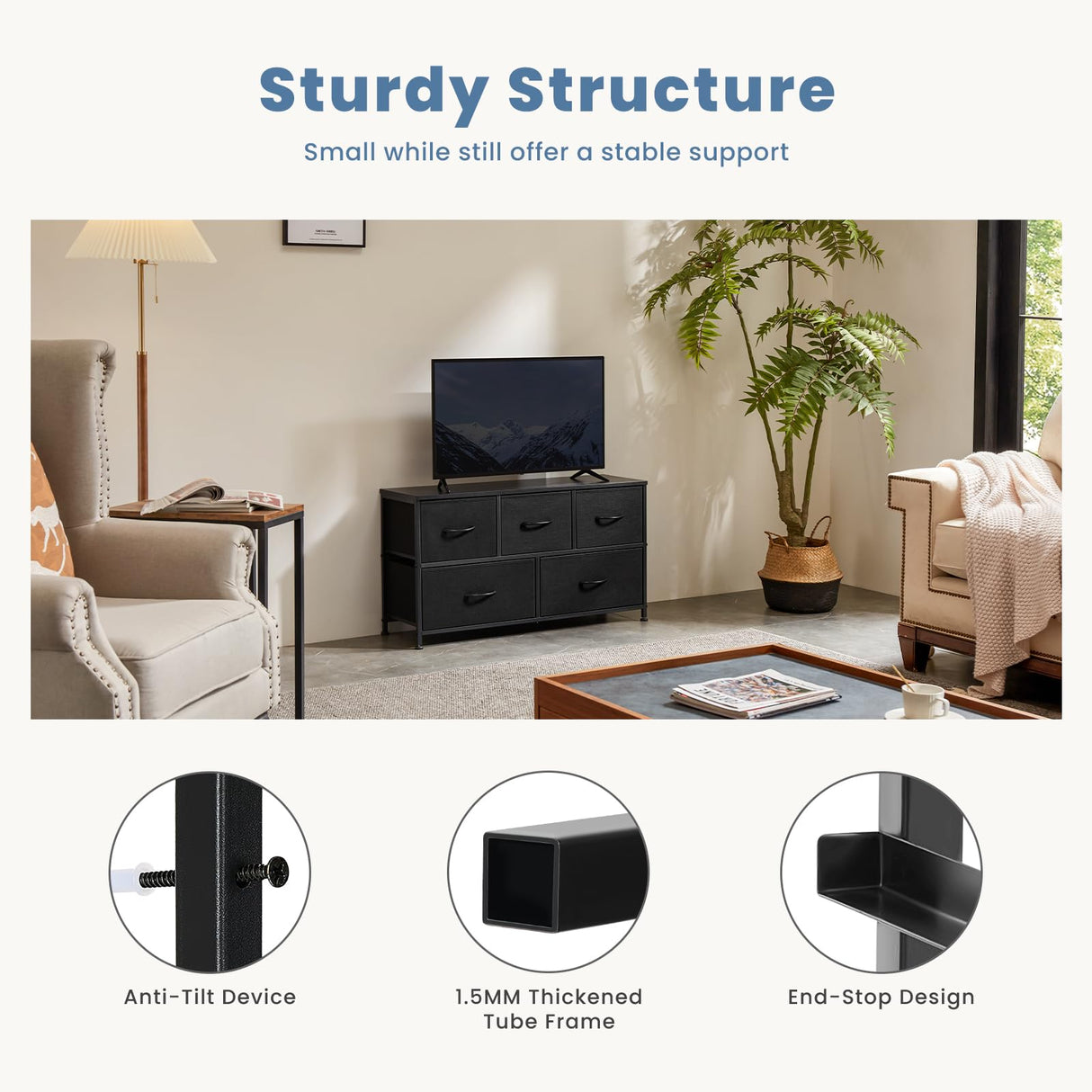 DUMOS Dresser for Bedroom, 5 Storage Drawers, Wide Fabric Closet Chests Organizer Tower Furniture with Wooden Top Metal Frame for Clothes, Guest Room, Living Room, Hallway, Entryway DUMOS