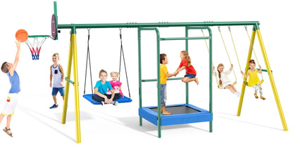 Vibemo Swing Sets for Backyard, 5-in-1 Outdoor Swing Set, 660 lbs Heavy Duty Extra Large Metal Kids Swing Sets with Trampoline, Platform Swing, 2 Swings and Basketball Hoop - WoodArtSupply