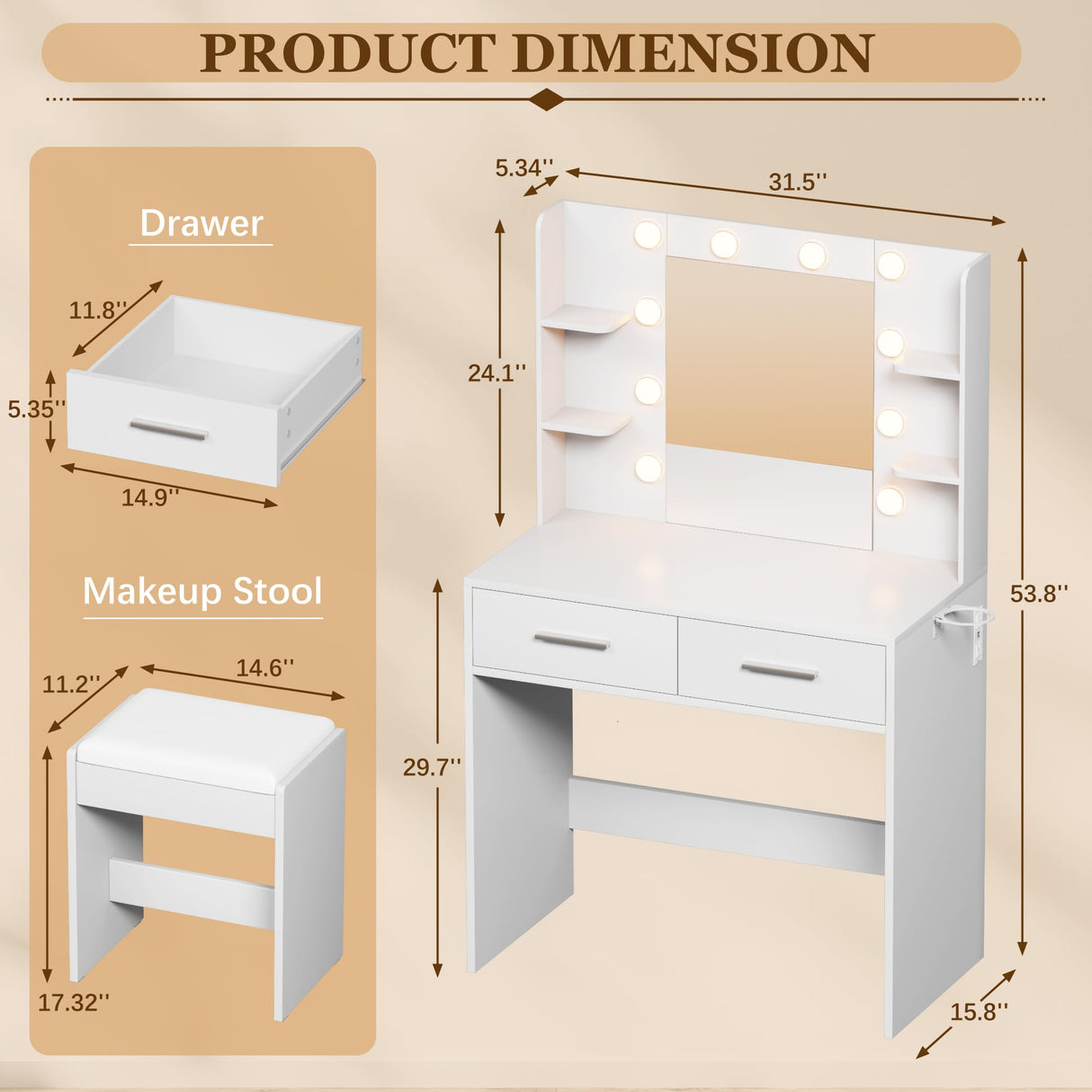 Furmax Make up Vanity Desk with Mirror and Power Outlet, Vanity with 3 Color Light Options Adjustable Brightness,Vanity Desk with 2 Drawers, 6 Storage Shelves (White, with Bench) Furmax