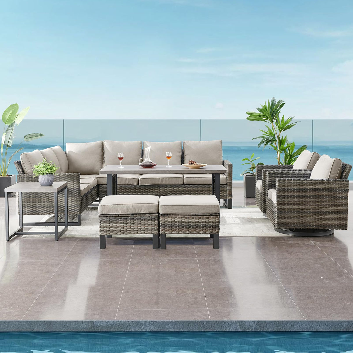 Belord Patio Sectional Furniture Set with Coffee Table: 8 Pieces Wicker Patio Conversation Set with L Shaped Sofa, Outdoor Swivel Glider Rocker, Rattan Ottomans, Removable Belord