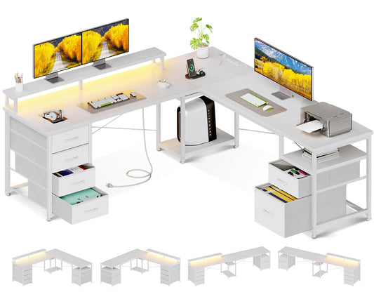 AODK 66" L Shaped Computer Desk, 113“ Reversible Home Office Desk with File Cabinet & 4 Fabric Drawers, Two Person Desk with LED Lights & Power Outlet, Corner Gaming Desk with Monitor Shelf, White