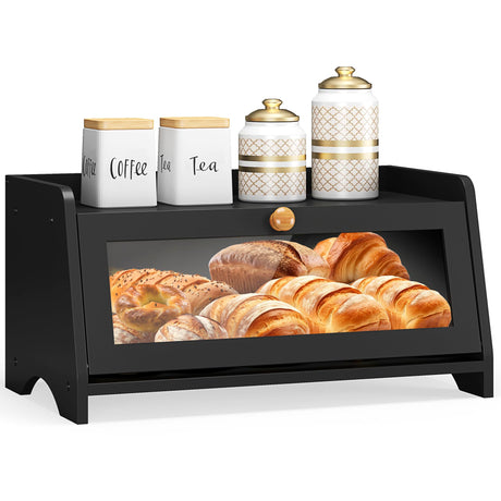 JANSNIMEN Bread Box for Kitchen Countertop, Large Bread Container Storage, Wooden Farmhouse Bread Box with Window Bread Holder (Black) JANSNIMEN