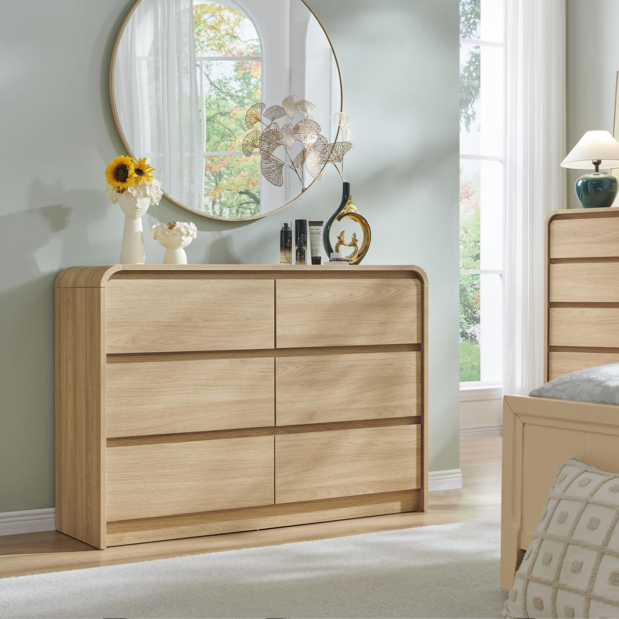 Aitjunz Modern 6 Drawers Dresser for Bedroom, 47" Wide Wood Dressers & Chests of Drawers w/Curved Profile Design, Mid Century Modern Dresser w/Natural Texture for Bedroom, Living Room, Natural Oak Aitjunz