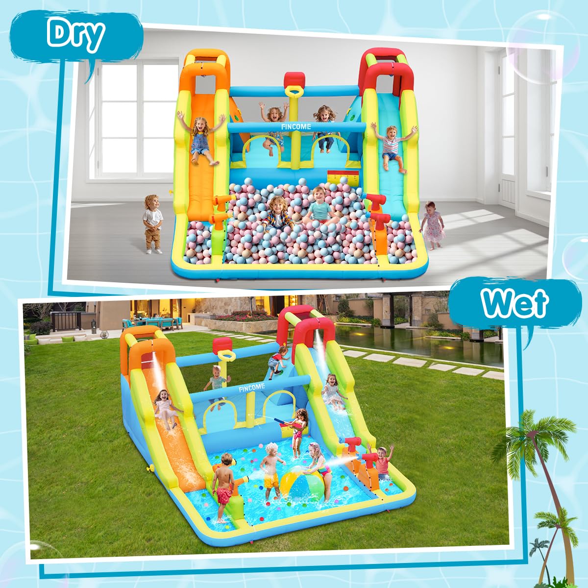 Inflatable Bounce House for Kids, Water Bounce House with Double Slides Indoor Outdoor, Bounce House Water Slide with Air Blower for Park Backyard Party Birthday (with 750W Blower) FINCOME