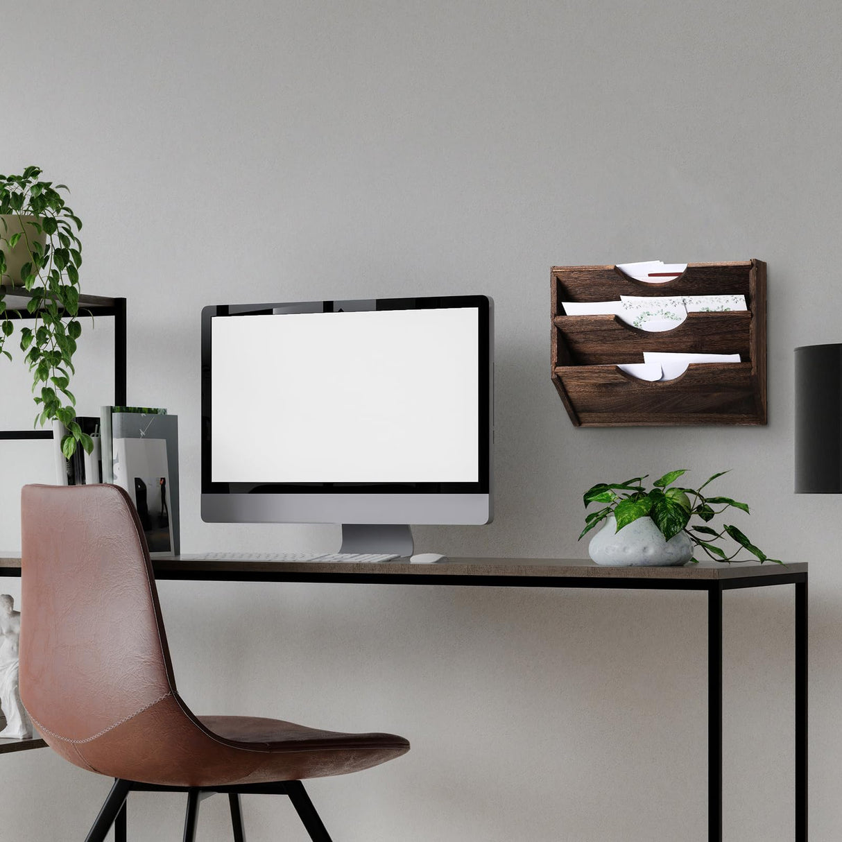 RattanView 3 Pockets Wood Wall File Holder Hanging Wall File Organizer for Office Rustic Paper Mail Organizer Wall Mounted Storage Rack for Home Documents Magazine Literature File Folders, Brown RattanView